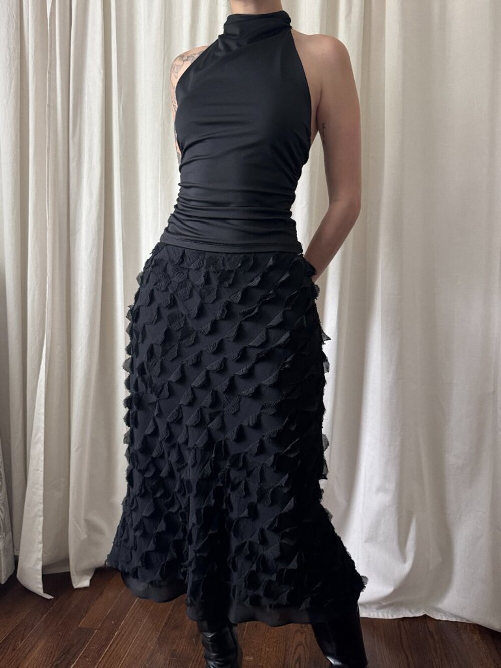 Ralph Lauren Black Textured Midi Skirt Women's Size Small Romantic Ruffle Goth
